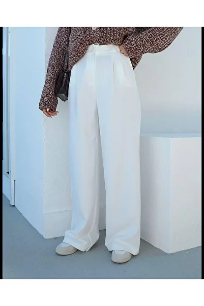 MetuCA Women's White High Waist Button Pocket Straight Spanish Wide Leg Fabric Palazzo Pants