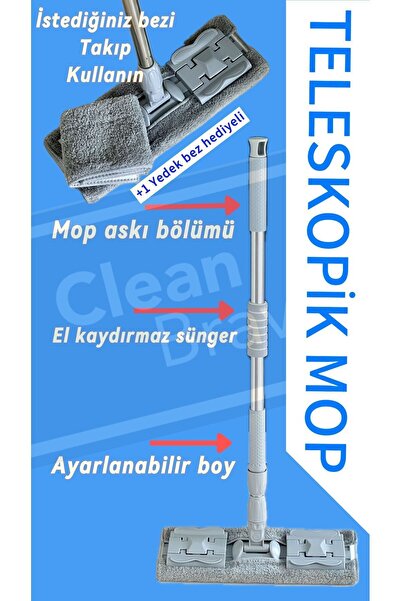 CleanBrave İstediğin Bezi Tak Kullan Mandallı Mop Teleskopik Saplı Yer Fayans...