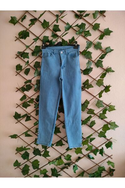 Çınar boutique Paçası Taşlı Açık Mavi Kot Pantolon-Açık Mavi - 42