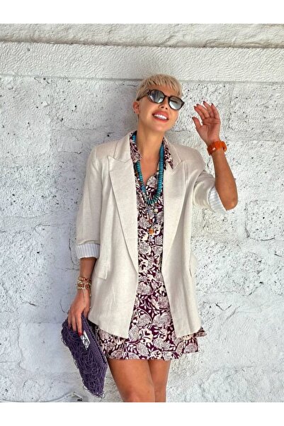 Çınar boutique Keten  Ceket-Taş Rengi - L