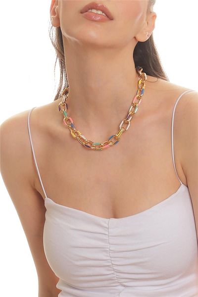LABALABA Women's Gold Color Plated Colorful Enameled Thick Chain Necklace