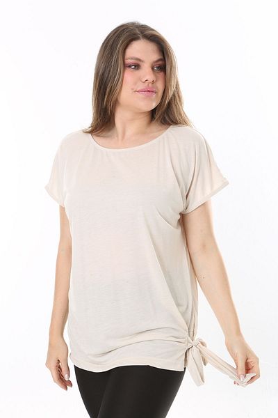 Şans Women's Plus Size Beige Side Tie Bike Collar Short Sleeve Blouse 65N37849