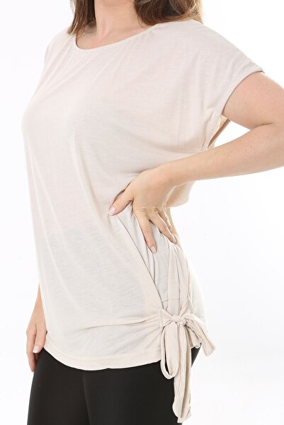 Şans Bluză cu mânecă scurtă pentru femei, bej, cu cravată laterală, guler pentru bicicletă 65N37849