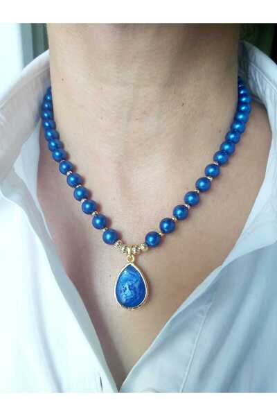 DEVİ fashion Saks Mavisi Damla Uçlu Özel Tasarım Modern İnci Kolye