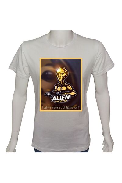 Unisex T-shirt Beyaz 'uzay/alien6' Baskılı