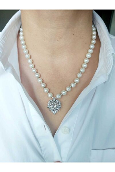 DEVİ fashion Kristal Taşlı Özel Tasarım İncili Abiye Kolye (Düğün Nişan Parti)