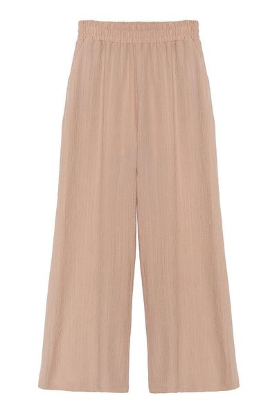 Quzu Natural Trousers with Wide Leg and Elastic Waist Detail