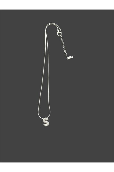 SEM STORE Silver Colored Steel Sleeve Stone Detailed Letter Necklace