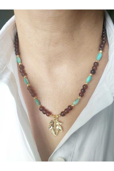 DEVİ fashion Mavi Sedef Doğal Taş  Yaprak Uçlu  Kolye
