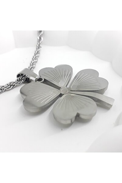 PİNA HEDİYELİK AKSESUAR ÇELİK KOLYE GÜMÜŞ RENK ÇUKUR MODEL BÜYÜK YONCA 60CM B...