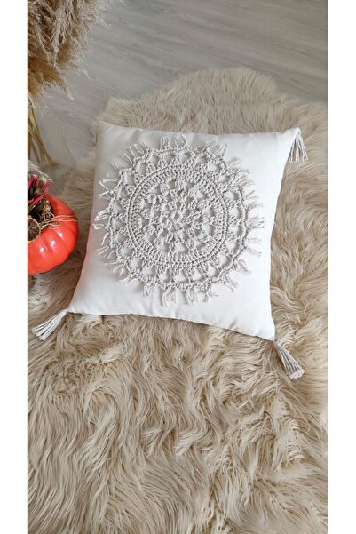 ZÜMAL Makrome Örgü Keten Dekoratif Kırlent Kılıfı Tekli -Yastık 43x43 Cm (Ren...