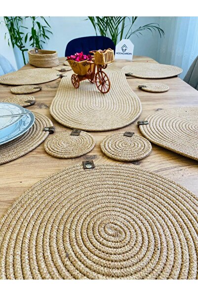 ModaCardin 14-Piece Jute Straw Placemat Set - Runner, Basket and Cup Holder