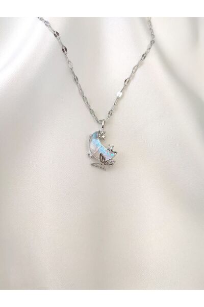 Women's Stainless Steel Zircon Gemstone Transparent Glass Crescent Butterfly Detailed Necklace women's day gift