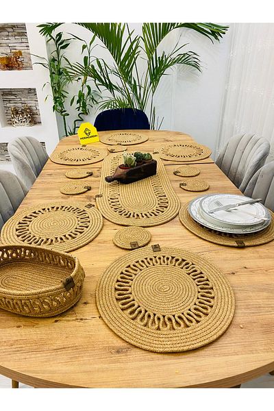 ModaCardin Set de 14 piese din răchită din iută American Service Placemat Runner - Coș și suport pentru pahare