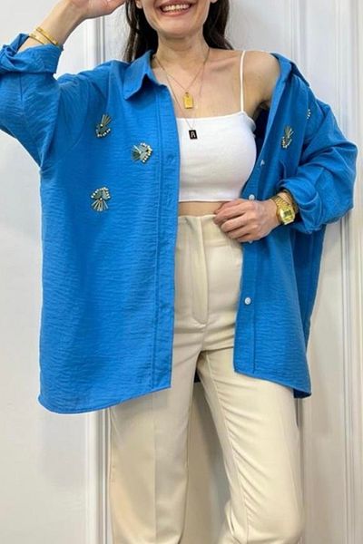 Suzi butik Cămașă oversize pentru femei - fără umăr, brodata 4751