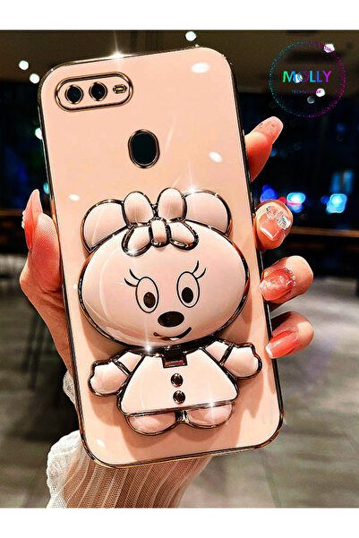 Molly Oppo A5s İçin Rose Minnie Standlı Kenarları Gold Detaylı Lüks Silikon K...