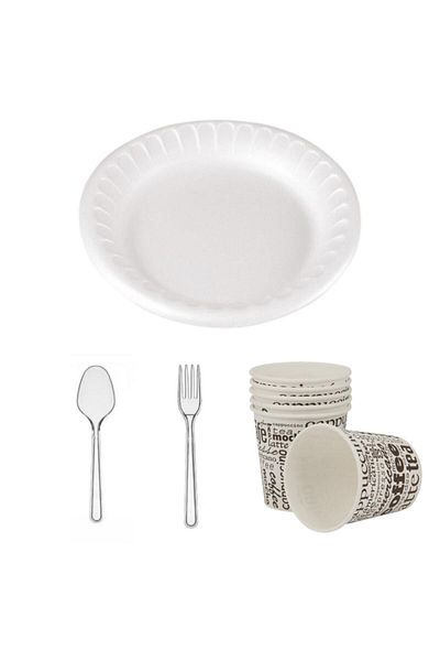 Tezyolla Round Foam Plate Cardboard Cup Spoon Fork Set of 4 25 Pieces