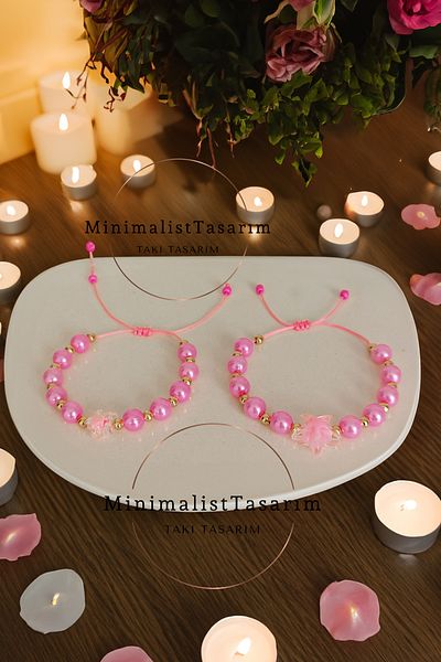 MinimalistTasarım Pink Bracelet with Stars for Girls and Mother Kids - Combination Model