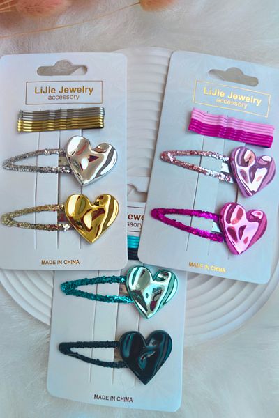 Nisankids Girl - 2 Shiny Heart Clasps, 8 Colorful Hairpin Clasps