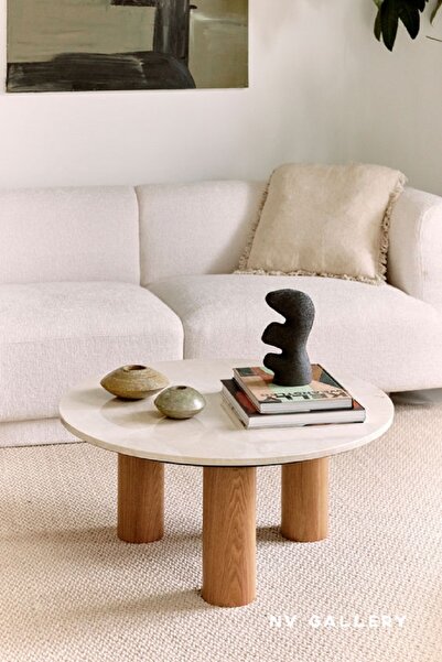 Eriza Home 1025, Yeni Nesil Modern Orta Sehpa, Mermer desen ve natural ahşap ayak
