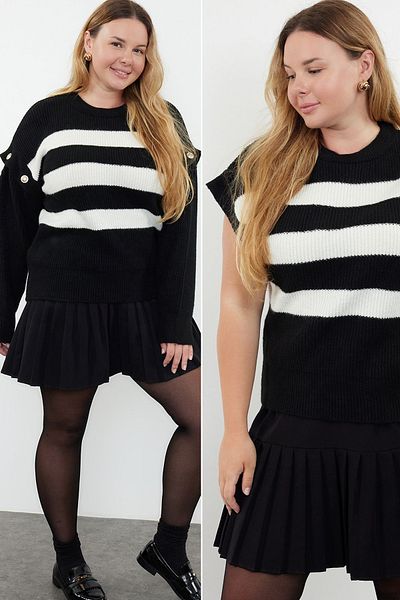 Trendyol Curve Functional Knit Sweater - Detachable Sleeves, Black Striped TBBAW25AN00034