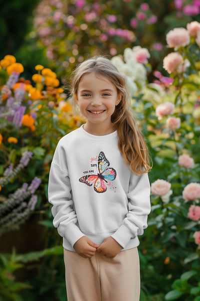 TRENDYOLKIDS Girl's Ecru Seasonal Sweatshirt - Thin Butterfly Patterned Tkdaw25sw00001