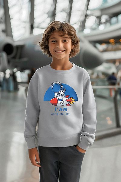 TRENDYOLKIDS Boy's Gray Seasonal Sweatshirt - Thin Space Pattern, Crew Neck Tkdaw25sw00005