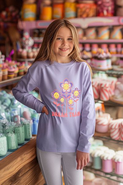 TRENDYOLKIDS Floral Patterned Cotton T-Shirt for Girls - Crew Neck Tkdaw25Ts00010