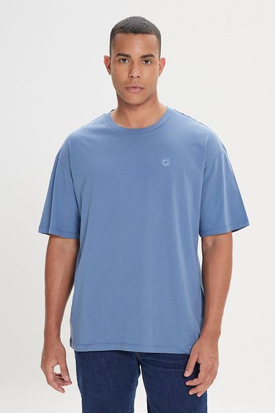 AC&Co / Altınyıldız Classics Ανδρικό μπλουζάκι Indigo Loose Fit Loose Fit 100% βαμβακερό μπλουζάκι με λαιμόκοψη