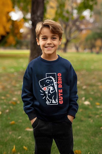 TRENDYOLKIDS Boy's Navy Blue Seasonal Sweatshirt - Thin Dinosaur Pattern, Crew Neck Tkdaw25sw00005
