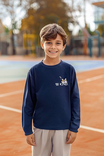 TRENDYOLKIDS Chlapecké bavlněné tričko se zvířecím vzorem v námořnické modré - Crew Neck Tkdaw25Ts00009