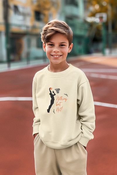 TRENDYOLKIDS Beige*001 Boys' Sweatshirt - Thin Basketball Pattern, Crew Neck, Seasonal Knitted Tkdaw25sw00005