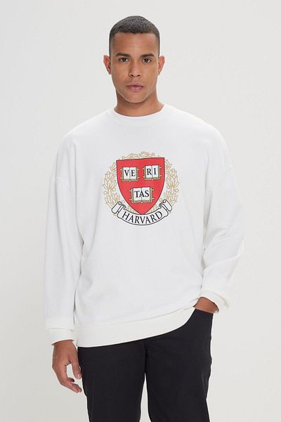 AC&Co / Altınyıldız Classics Pánská mikina Ecru Crew s výstřihem, licencovaná Harvard, bavlna, oversize fit, volný střih