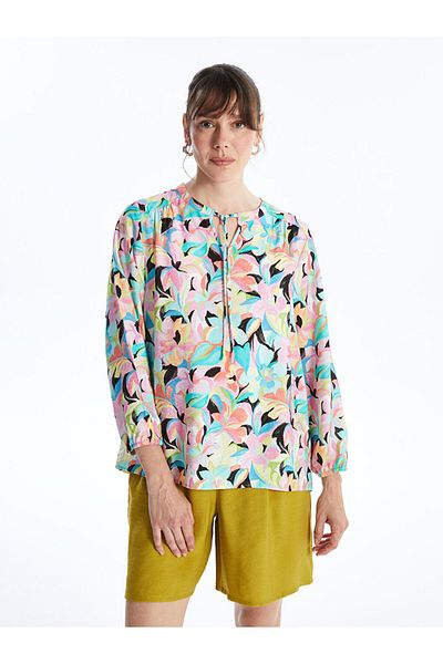 LC Waikiki Tie-up Collar Floral Long Sleeve Oversize Women's Blouse