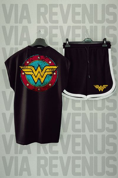 Vordevia Wonder Woman - Crew Neck Black Sports T-shirt and Shorts Set, Zero Sleeve