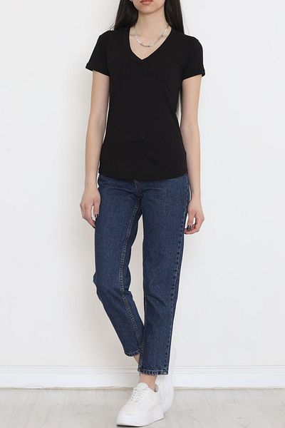 Moka Shopin تي شيرت أسود برقبة على شكل حرف V من Single Jersey - MokaShopin 4001.1567