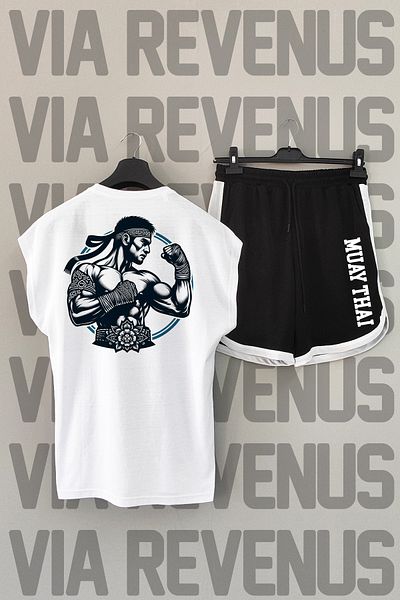 Vordevia Muay Thai Fighter - Λευκό T-Shirt με λαιμόκοψη και μαύρο αθλητικό σορτς