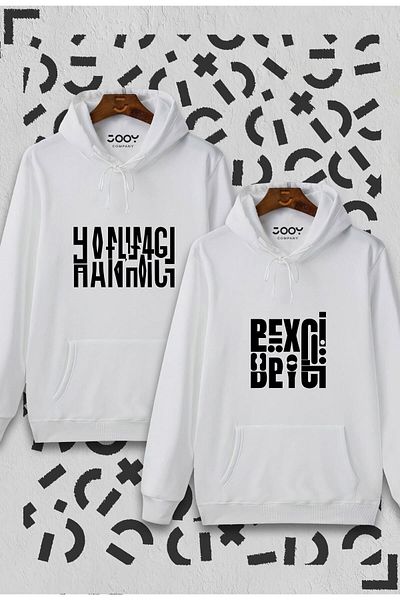 Marjill Hanımcı Beyci - Couple Lover Combination White Hooded Sweatshirt Set of 2