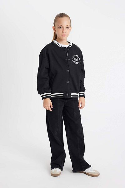 DeFacto Mädchen-Strickjacke mit College-Kragen, Druckknopfverschluss, Taschen, saisonal, leicht, dick, innen weich, pelzig, Bomber-Cardigan