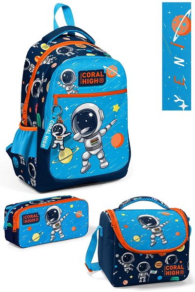Coral High Kids 3-Piece Navy Blue Astronaut Patterned Three-Compartment School Bag Set
