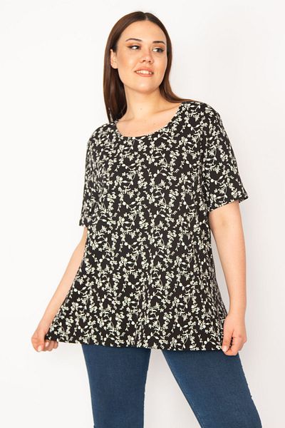 Şans Plus Size Black Floral Patterned Cotton Tunic - Crew Neck 65N38137