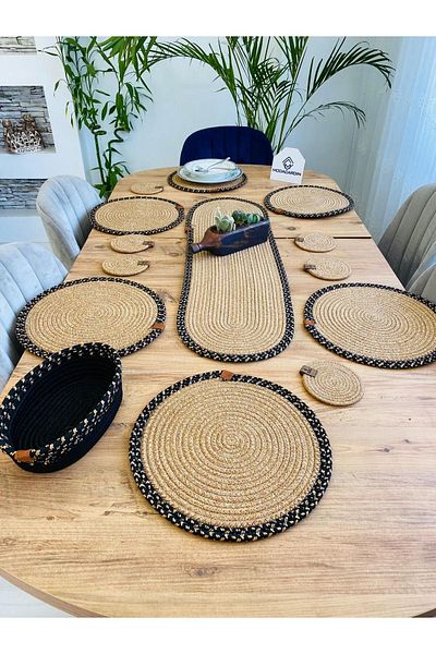 ModaCardin Σετ 14 τεμαχίων από γιούτα Wicker American Service Charging - Runner, Basket και ποτηροθήκη