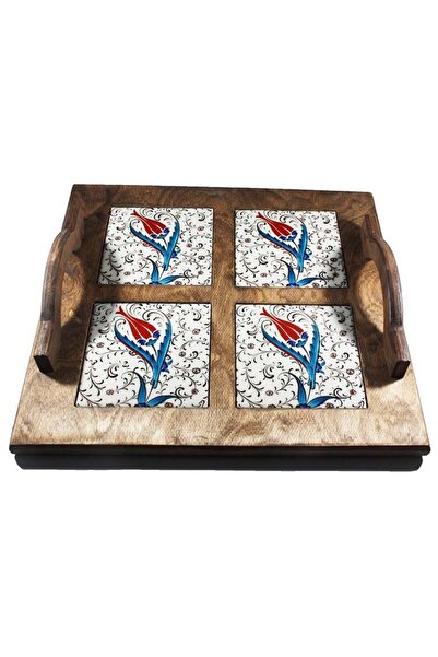 Çini Evi Stylish Tulip Patterned Wooden Tray
