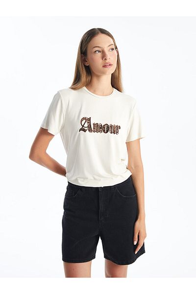 LC Waikiki Damen - Kurzärmliges T-Shirt mit Rundhalsausschnitt und Paillettenstickerei
