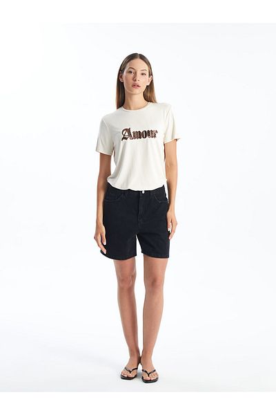 LC Waikiki Damen - Kurzärmliges T-Shirt mit Rundhalsausschnitt und Paillettenstickerei