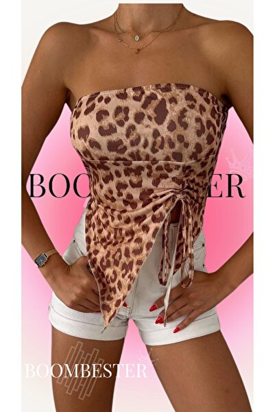 BoomBester Γυναικεία στράπλες μπλούζα Leopard Print - Sandy Fabric