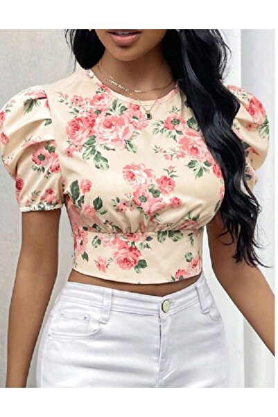 Modish Kadın Çiçek Desenli Bağcıklı Arkası   Kısa Kol bluz