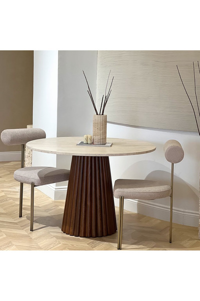 MIARIK DESIGN Yuvarlak Ahşap Tirta Ayak Traverten Tabla Mermer Yemek Masası