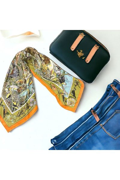 DKGROUP 90x90 cm Square Elegant Patterned 100% Silk Shawl Foulard Bandana - The Meeting of Luxury and Elegance