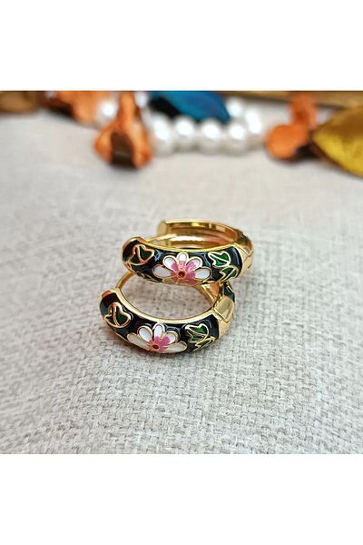 CanElif Accessories Elegant Vintage Style Flower Motif Enamel Hoop Earrings (COLOR ATMAS / NOT DARKING) 2cm